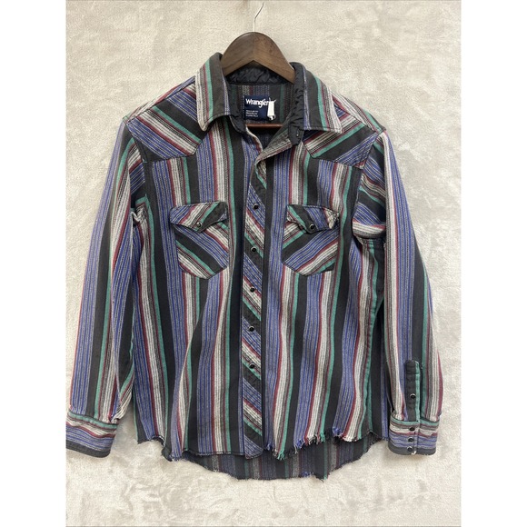 Vintage Wrangler Shirt‎ Men's 17.5 36 Pearl Snap Sawtooth Pockets Thick Cotton